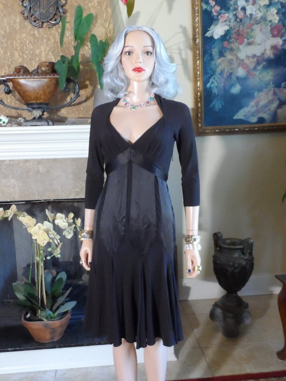 Paule Ka Black Satin Panel Fit & Flare Dress Size IT 40 US 4